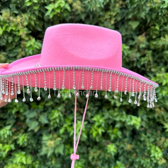 Pink Diamond Fringe Cowboy /Cowgirl Hat,Rhinestone Fringe Double rhinestone band - Picture 4 of 10